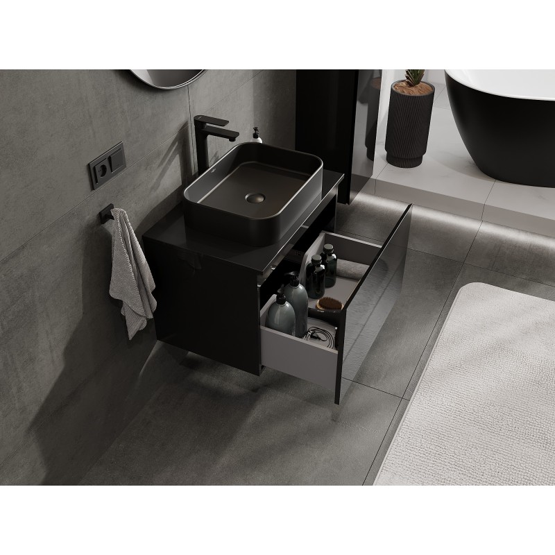 Mexen Orio kúpeľňová skrinka pod umývadlo 70 cm so stolovou doskou, 1 zásuvka, čierny lesk - 91A10-07047-1-BFC70