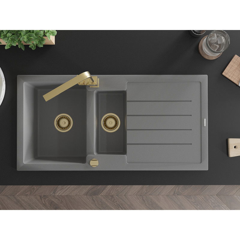 Mexen Andres žulový kuchynský drez 1,5-komorový s odkvapkávačom a kuchynskou batériou Rita, sivý - 6515-71-670300-50