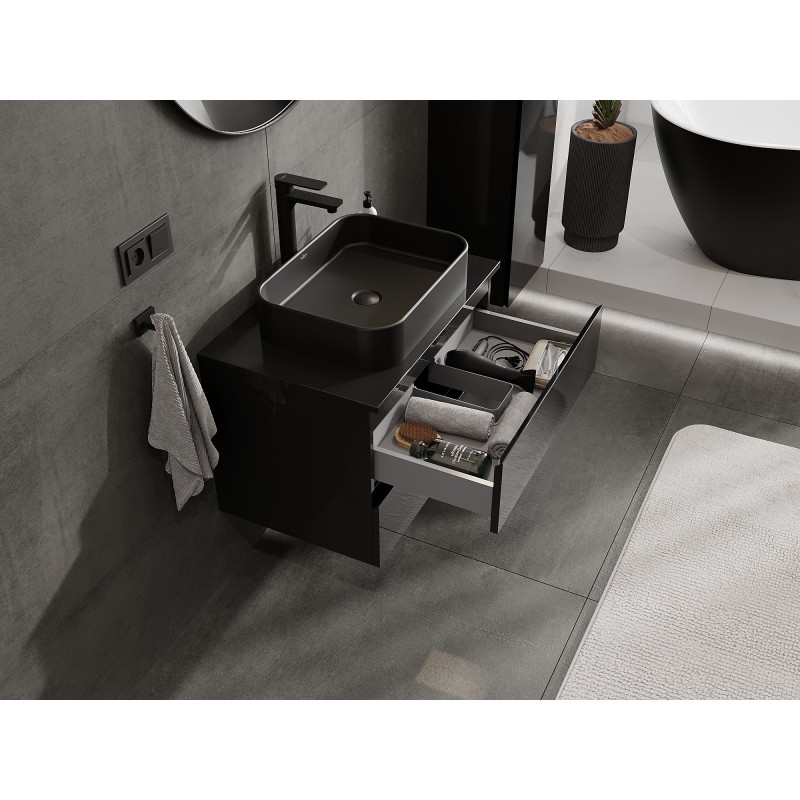 Mexen Orio kúpeľňová skrinka pod umývadlo 70 cm s doskou, 2 zásuvky, čierny lesk - 91A10-07047-2-BFFC70