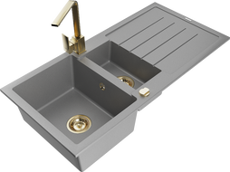 Mexen Andres žulový kuchynský drez 1,5-komorový s odkvapkávačom a kuchynskou batériou Rita, sivý - 6515-71-670300-50