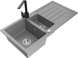 Mexen Andres granitový drez 1,5-komorový s odkvapom a kuchynskou batériou Rita, sivý - 6515-71-670300-70