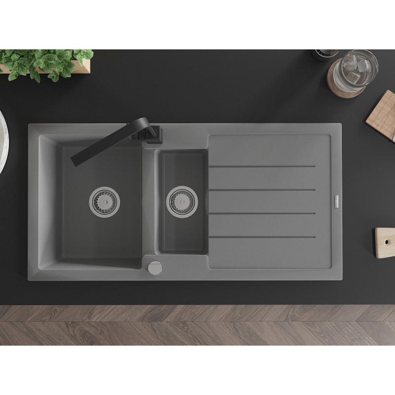 Mexen Andres granitový drez 1,5-komorový s odkvapkávačom a kuchynskou batériou Rita, sivý - 6515-71-670300-70