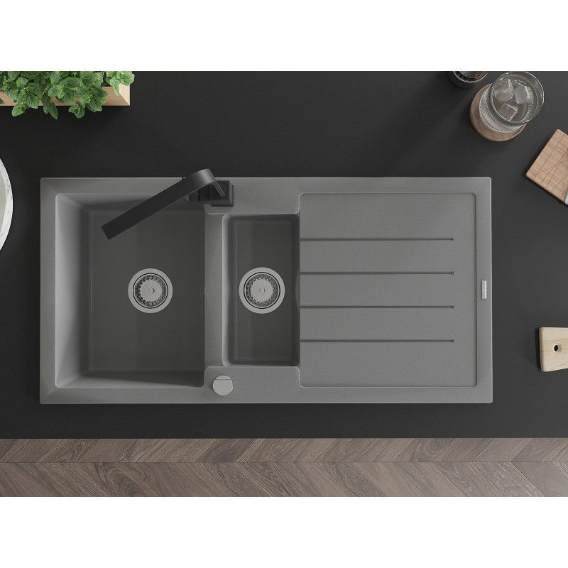 Mexen Andres žulový drez 1,5-komorový s odkvapkávacou plochou a kuchynskou batériou Rita, sivý - 6515-71-670300-70