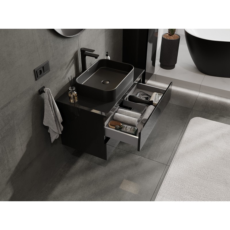 Mexen Orio kúpeľňová skrinka pod umývadlo 80 cm s doskou, 2 zásuvky, čierny lesk - 91A10-08047-2-BFFC70