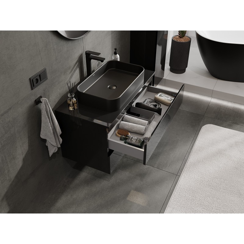 Mexen Orio kúpeľňová skrinka pod umývadlo 90 cm s doskou, 2 zásuvky, čierny lesk - 91A10-09047-2-BFFC70