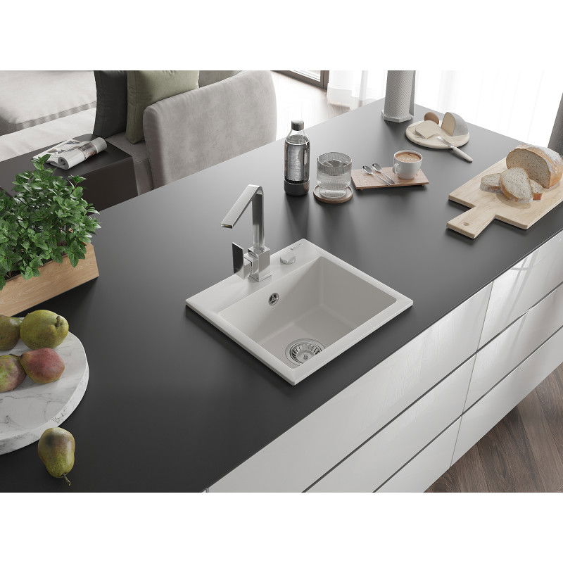 Mexen Milo žulový drez 1-komorový s kuchynskou batériou Rita, biely - 6505-20-670300-00