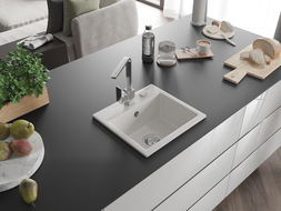 Mexen Milo žulový drez 1-komorový s kuchynskou batériou Rita, biely - 6505-20-670300-00