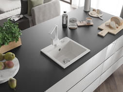 Mexen Milo granitový drez s 1-komorou a kuchynskou batériou Rita, biela - 6505-20-670300-20