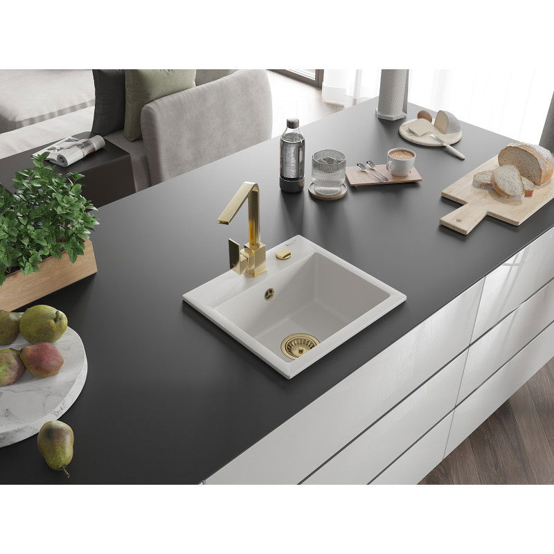 Mexen Milo žulový drez s 1-komorou a kuchynskou batériou Rita, biela - 6505-20-670300-50