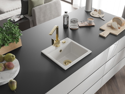 Mexen Milo žulový drez s 1-komorou a kuchynskou batériou Rita, biela - 6505-20-670300-50