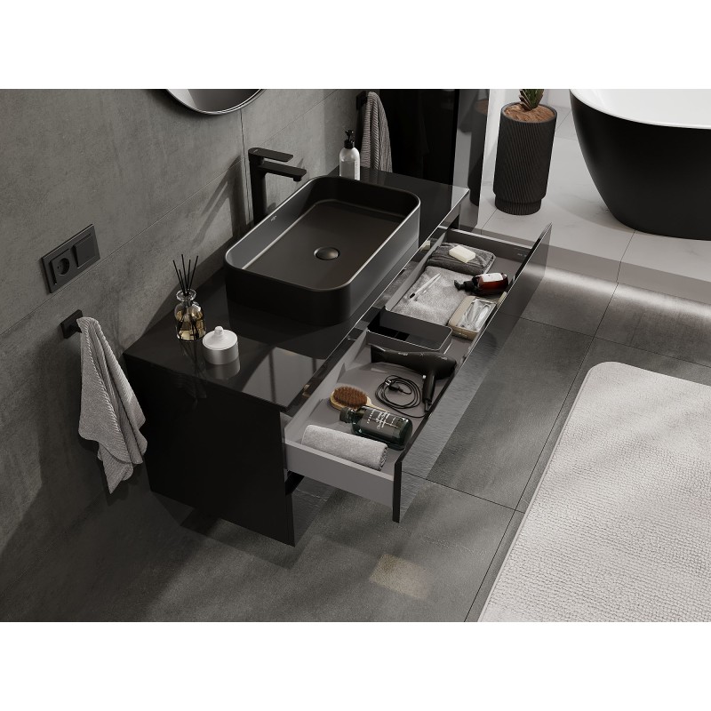 Mexen Orio kúpeľňová skrinka pod umývadlo 120 cm s doskou, 2 zásuvky, čierny lesk - 91A10-12047-2-BFFC70