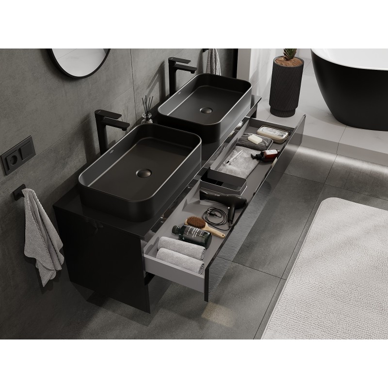Mexen Orio kúpeľňová skrinka pod umývadlo 140 cm s doskou, 2 zásuvky, čierny lesk - 91A10-14047-2-BFFC70