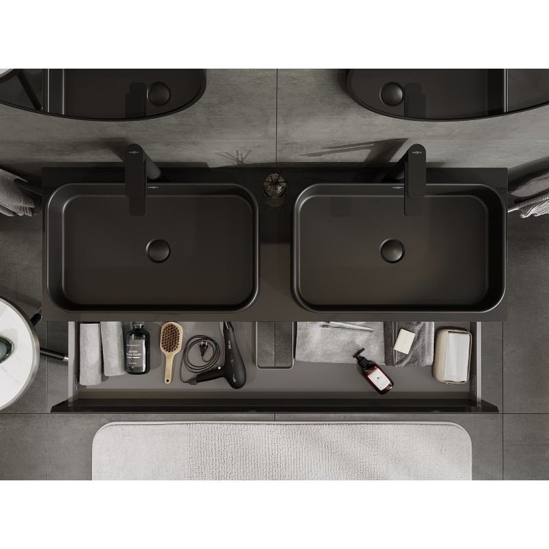 Mexen Orio kúpeľňová skrinka pod umývadlo 140 cm s doskou, 2 zásuvky, čierny lesk - 91A10-14047-2-BFFC70