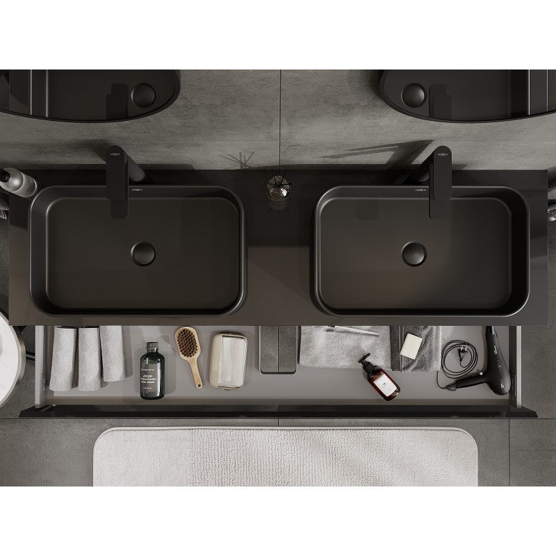 Mexen Orio kúpeľňová skrinka pod umývadlo 160 cm s doskou, 1 zásuvka, čierny lesk - 91A10-16023-1-BFC70