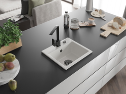 Mexen Milo žulový drez 1-komorový s kuchynskou batériou Rita, biely - 6505-20-670300-70