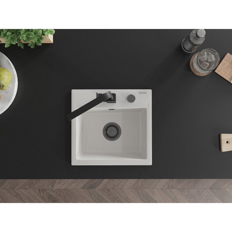 Mexen Milo žulový drez 1-komorový s kuchynskou batériou Rita, biely - 6505-20-670300-70