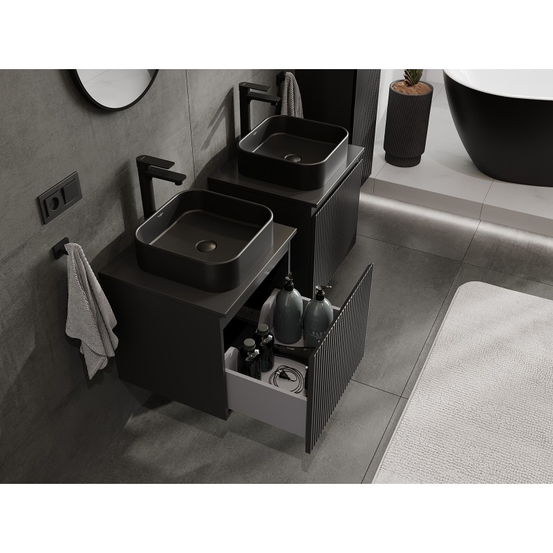 Mexen Rivel kúpeľňová skrinka pod umývadlo 50 cm s doskou, 1 zásuvka, drážkovaná, čierna matná - 91A20-05047-1-BFC71