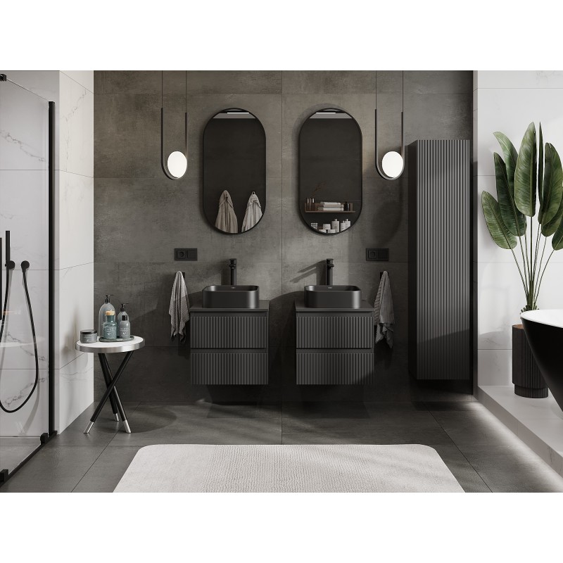 Mexen Rivel kúpeľňová skrinka pod umývadlo 50 cm s doskou, 2 zásuvky, ryhovaná, čierna mat - 91A20-05047-2-BFFC71