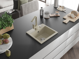 Mexen Milo granitový drez 1-komorový s kuchynskou batériou Rita, béžový - 6505-69-670300-69