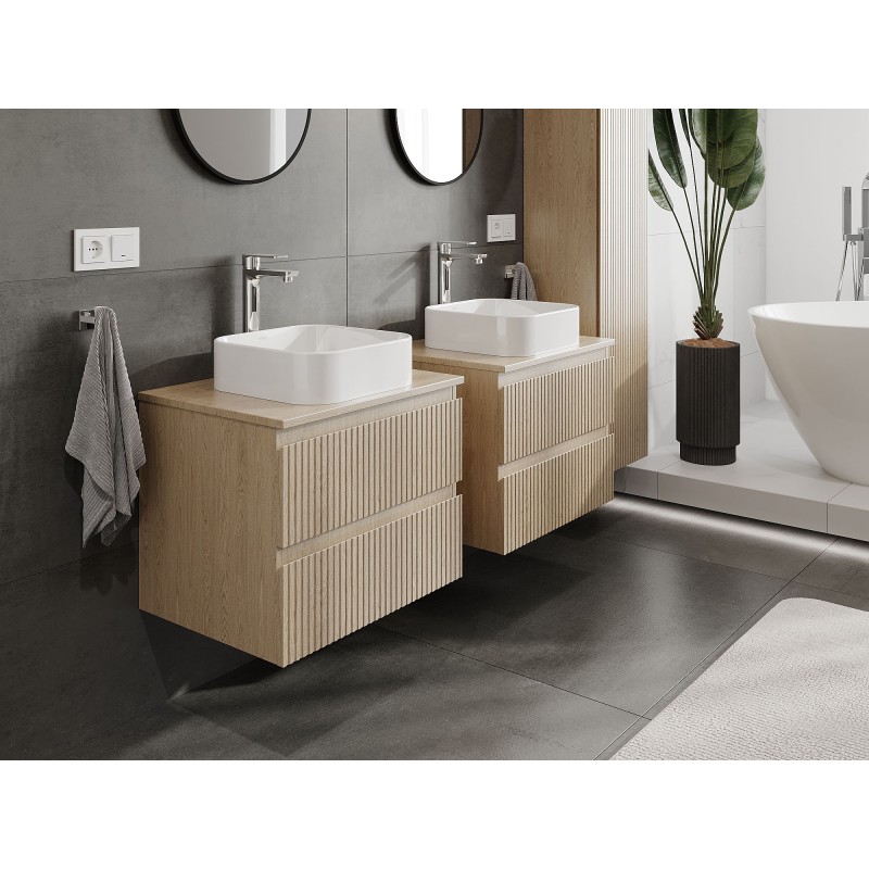 Mexen Rivel kúpeľňová skrinka pod umývadlo 60 cm s doskou, 2 zásuvky, ryhovaná, dub - 91A20-06047-2-BFFC81