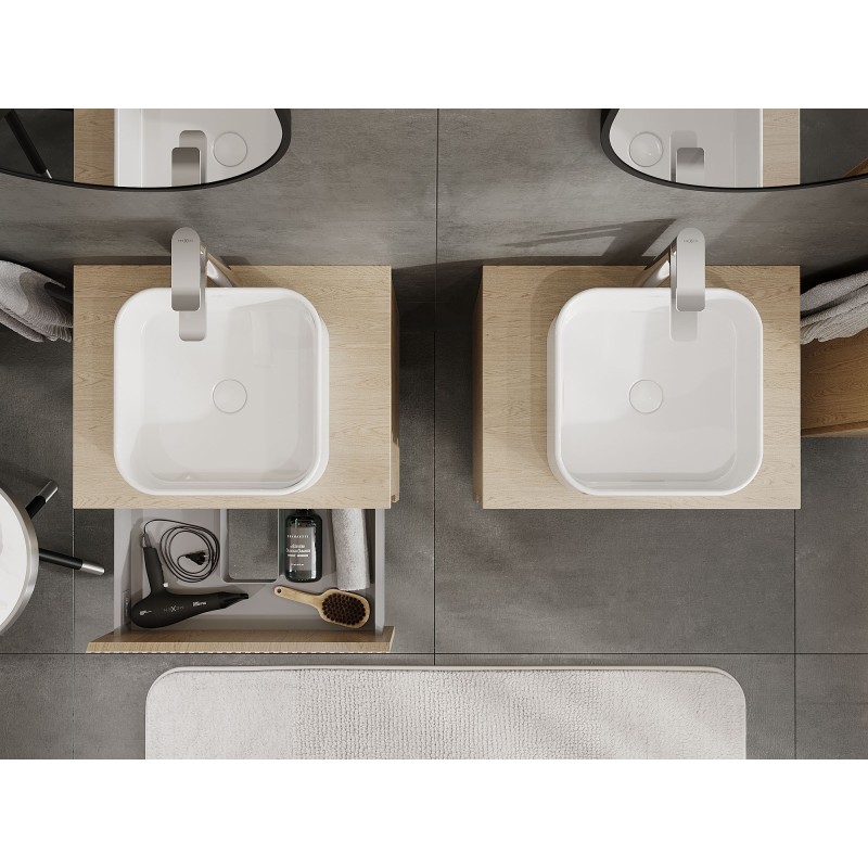 Mexen Rivel kúpeľňová skrinka pod umývadlo 60 cm s doskou, 2 zásuvky, ryhovaná, dub - 91A20-06047-2-BFFC81