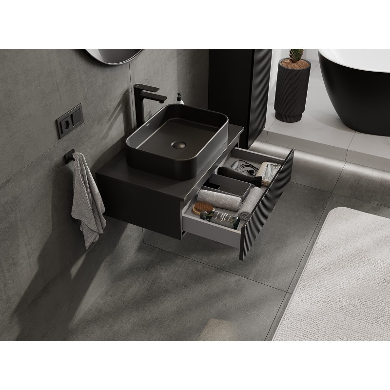Mexen Rivel kúpeľňová skrinka pod umývadlo 70 cm s doskou, 1 zásuvka, ryhovaná, čierna matná - 91A20-07023-1-BFC71