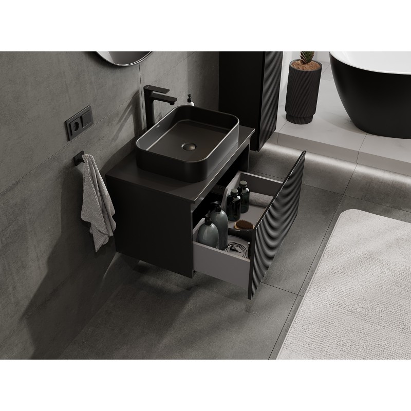 Mexen Rivel kúpeľňová skrinka pod umývadlo 70 cm s doskou, 1 zásuvka, drážkovaná, čierna matná - 91A20-07047-1-BFC71