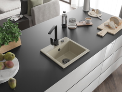 Mexen Milo žulový kuchynský drez s 1 komorou a kuchynskou batériou Rita, béžový - 6505-69-670300-70