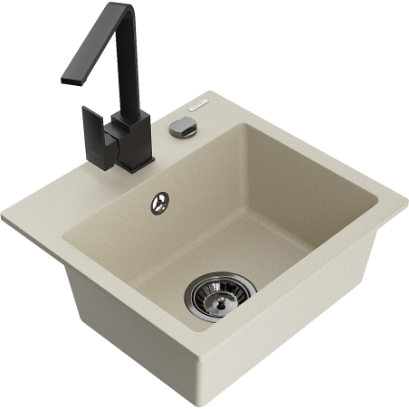Mexen Milo žulový kuchynský drez s 1 komorou a kuchynskou batériou Rita, béžový - 6505-69-670300-70
