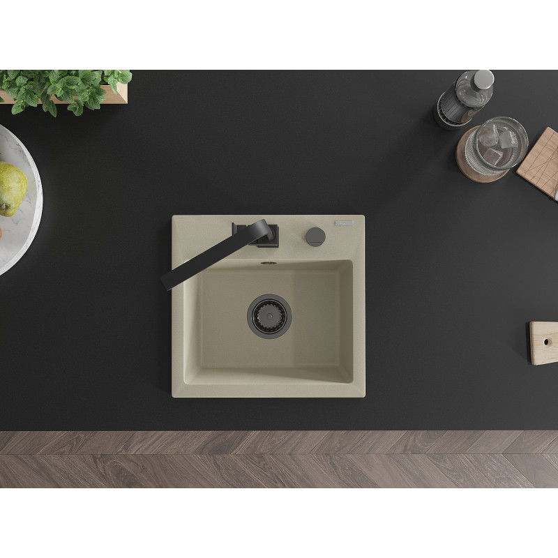 Mexen Milo žulový kuchynský drez s 1 komorou a kuchynskou batériou Rita, béžový - 6505-69-670300-70