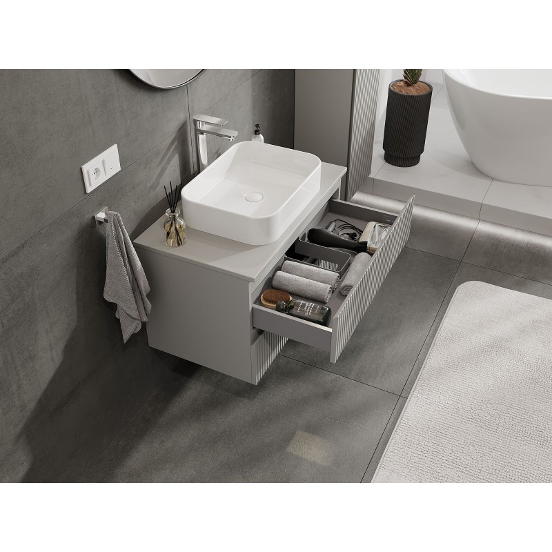 Mexen Rivel kúpeľňová skrinka pod umývadlo 80 cm s doskou, 2 zásuvky, ryhovaná, sivý mat - 91A20-08047-2-BFFC62