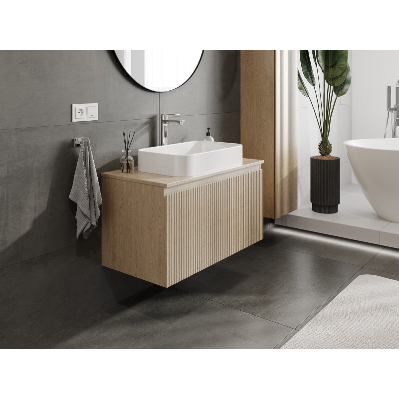 Mexen Rivel kúpeľňová skrinka pod umývadlo 90 cm s doskou, 1 zásuvka, ryhovaná, dub - 91A20-09047-1-BFC81