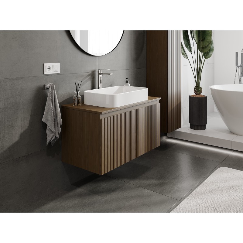 Mexen Rivel kúpeľňová skrinka pod umývadlo 90 cm s doskou, 1 zásuvka, ryhovaná, orech - 91A20-09047-1-BFC86