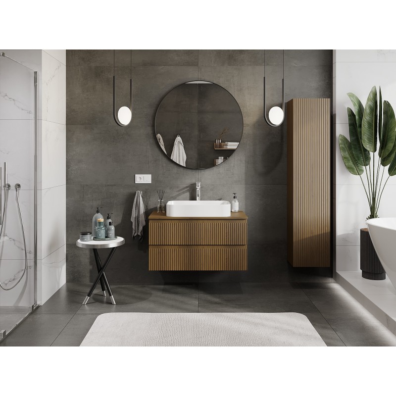 Mexen Rivel kúpeľňová skrinka pod umývadlo 90 cm so stolovou doskou, 2 zásuvky, ryhovaná, orech - 91A20-09047-2-BFFC86