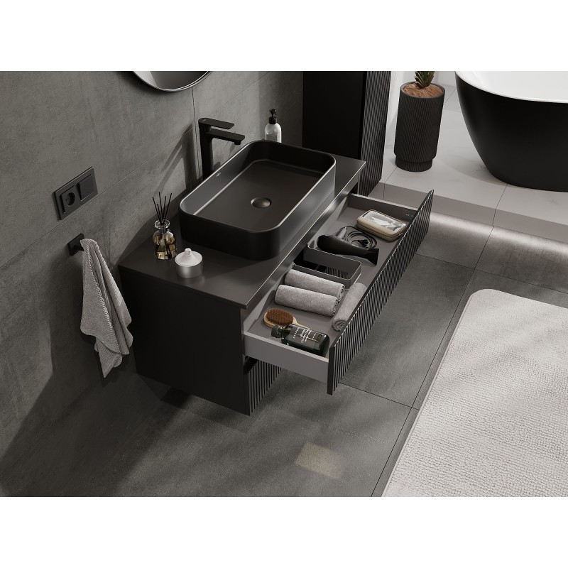 Mexen Rivel kúpeľňová skrinka 100 cm s doskou, 2 zásuvky, ryhovaná , čierna matná - 91A20-10047-2-BFFC71