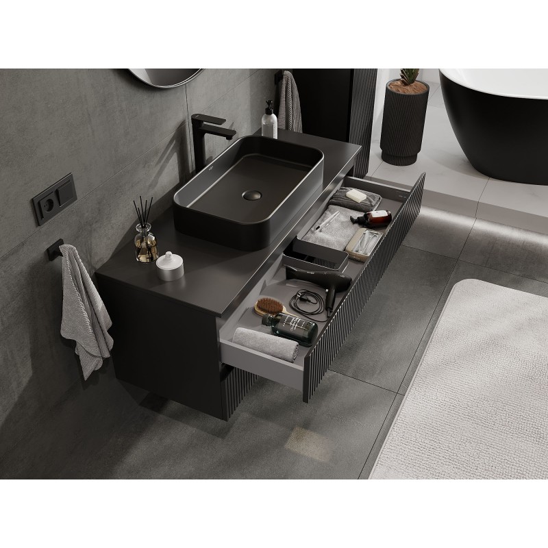 Mexen Rivel kúpeľňová skrinka pod umývadlo 120 cm s doskou, 2 zásuvky, ryhovaná, čierna matná - 91A20-12047-2-BFFC71