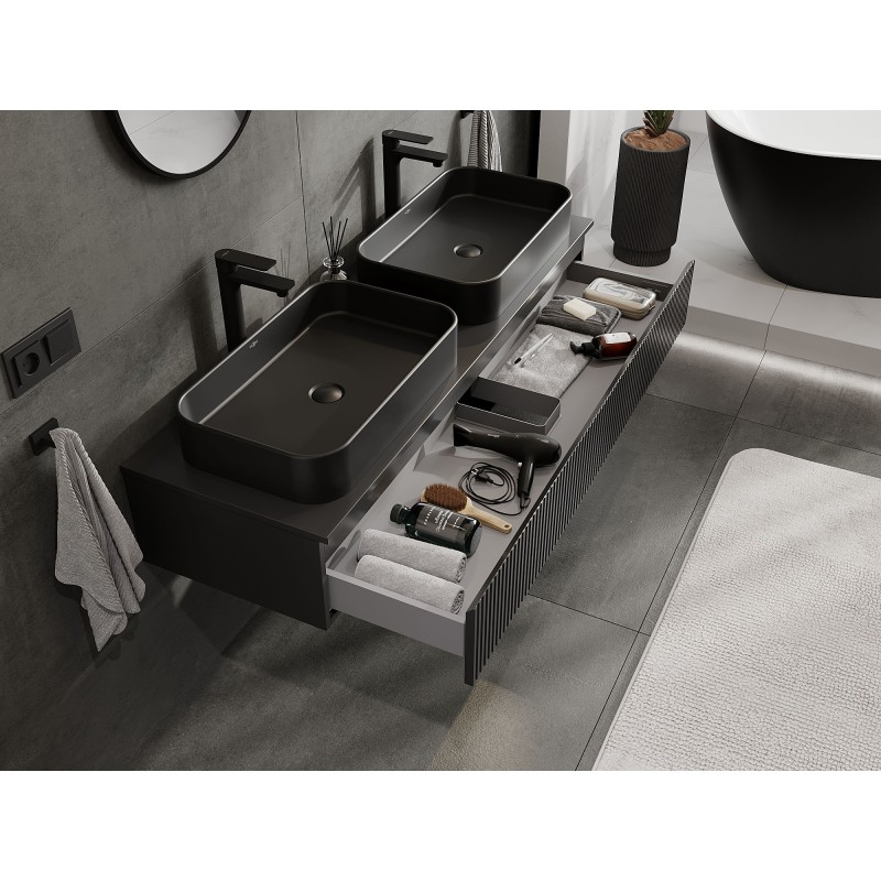 Mexen Rivel kúpeľňová skrinka pod umývadlo 140 cm s doskou, 1 zásuvka, ryhovaná, čierna matná - 91A20-14023-1-BFC71