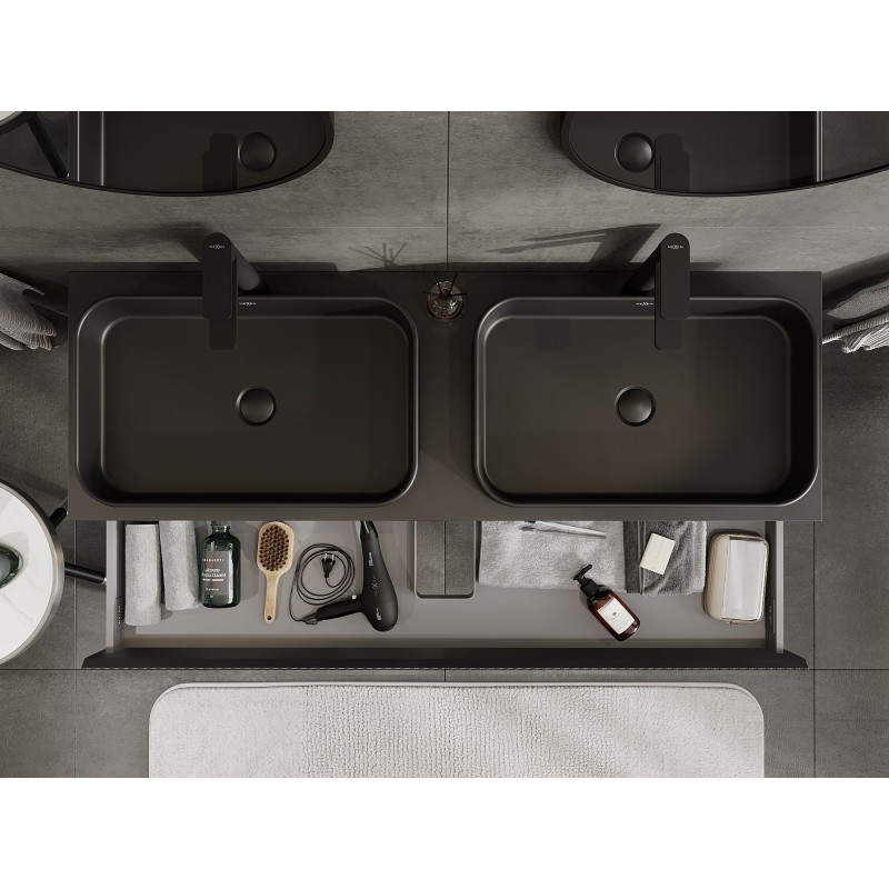 Mexen Rivel kúpeľňová skrinka pod umývadlo 140 cm s doskou, 1 zásuvka, ryhovaná, čierna matná - 91A20-14023-1-BFC71