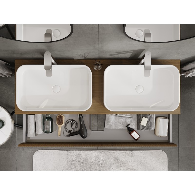 Mexen Rivel kúpeľňová skrinka pod umývadlo 140 cm s doskou, 1 zásuvka, ryhovaná, orech - 91A20-14023-1-BFC86