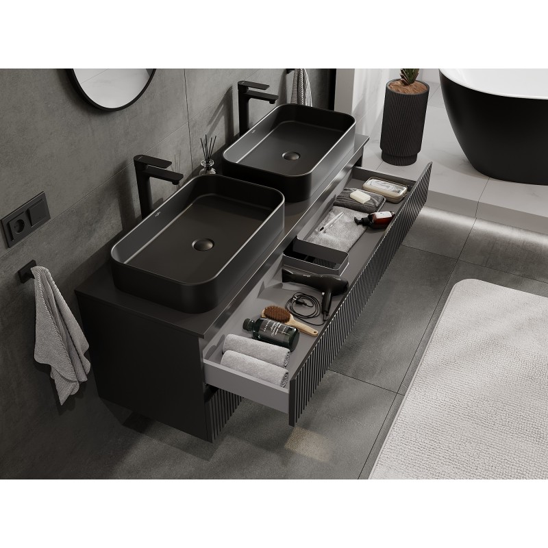 Mexen Rivel kúpeľňová skrinka pod umývadlo 140 cm s doskou, 2 zásuvky, ryhovaná, čierna matná - 91A20-14047-2-BFFC71