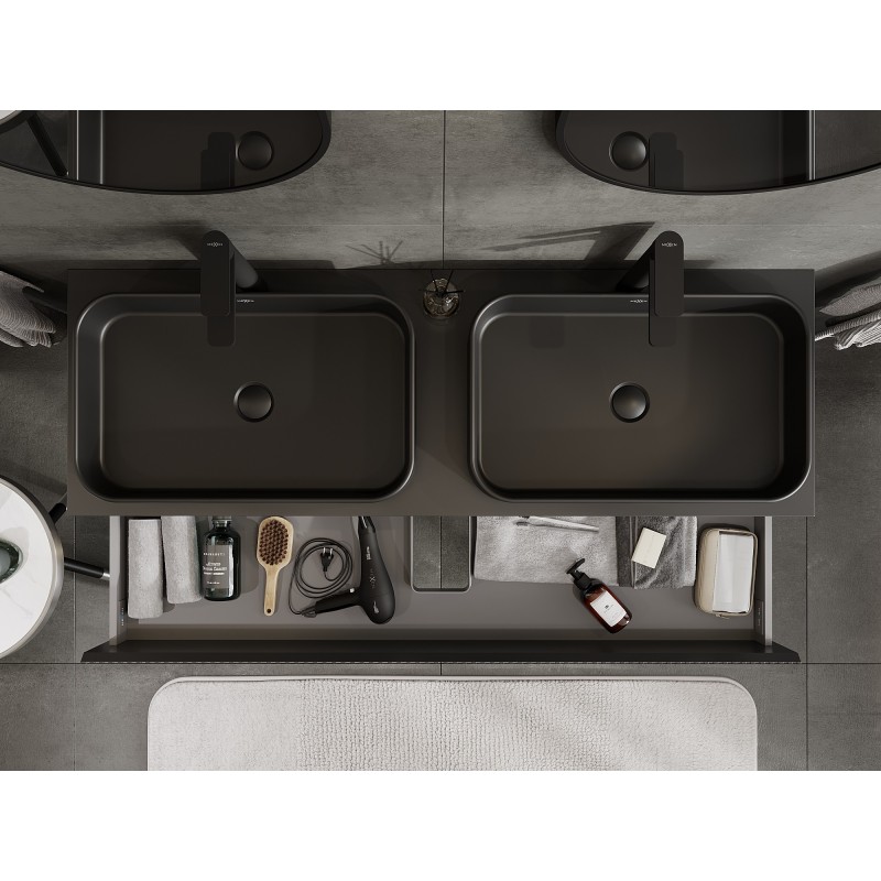 Mexen Rivel kúpeľňová skrinka pod umývadlo 140 cm s doskou, 2 zásuvky, ryhovaná, čierna matná - 91A20-14047-2-BFFC71