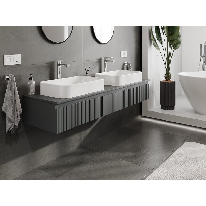 Mexen Rivel kúpeľňová skrinka pod umývadlo 160 cm s doskou, 1 zásuvka, drážkovaná, grafit mat - 91A20-16023-1-BFC66