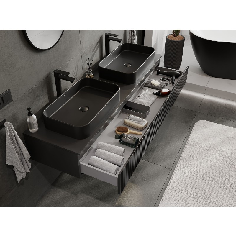 Mexen Rivel kúpeľňová skrinka pod umývadlo 160 cm s doskou, 1 zásuvka, drážkovaná, čierna matná - 91A20-16023-1-BFC71