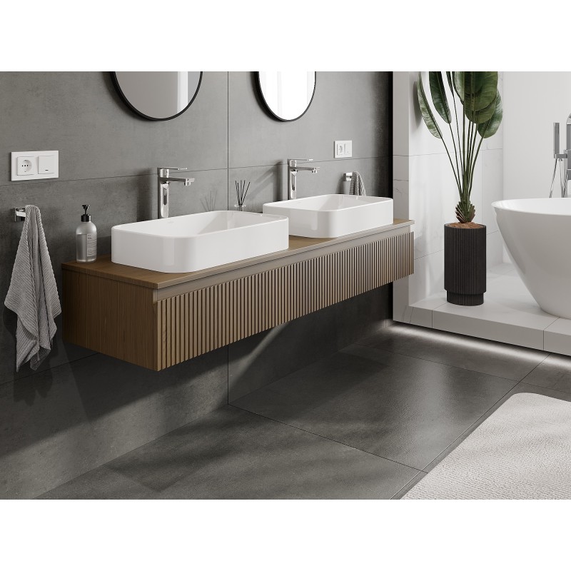 Mexen Rivel kúpeľňová skrinka pod umývadlo 160 cm s doskou, 1 zásuvka, ryhovaná, orech - 91A20-16023-1-BFC86