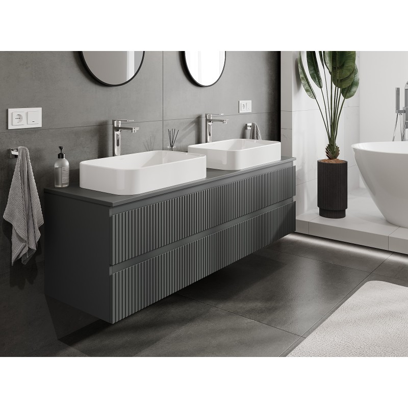 Mexen Rivel kúpeľňová skrinka pod umývadlo 160 cm s doskou, 2 zásuvky, drážkovaná, grafit mat - 91A20-16047-2-BFFC66