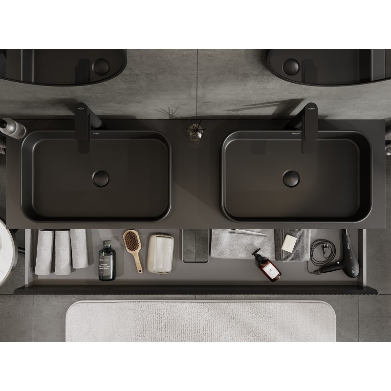 Mexen Rivel kúpeľňová skrinka pod umývadlo 160 cm s doskou, 2 zásuvky, drážkovaná, čierna matná - 91A20-16047-2-BFFC71