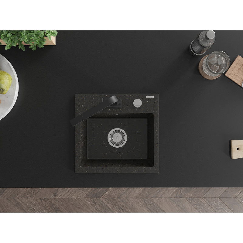 Mexen Milo jednokomorový granitový drez s kuchynskou batériou Rita, čierny/zlatý metalik - 6505-75-670300-70
