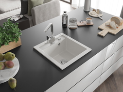 Mexen Vito granitový drez 1-komorový s kuchynskou batériou Rita, biely - 6503-20-670300-00