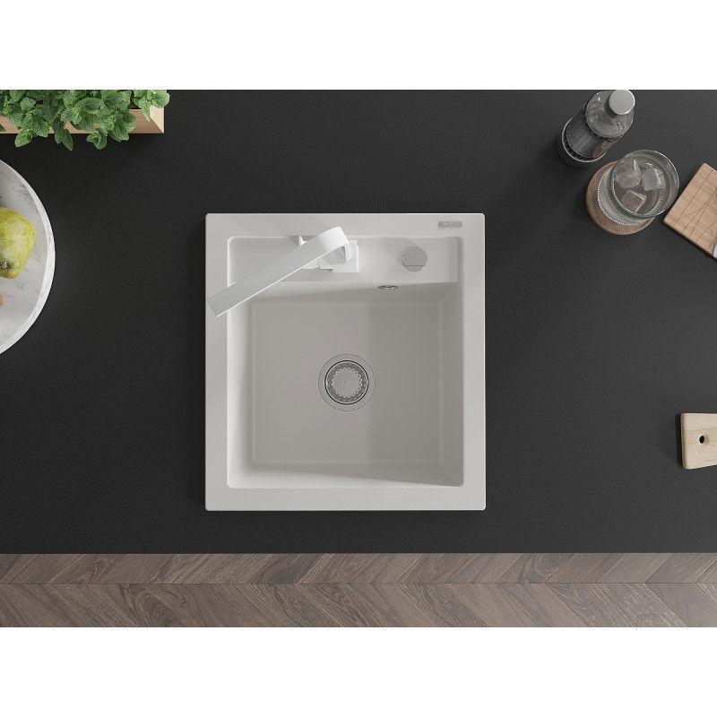Mexen Vito granitový kuchynský drez s 1 komorou a kuchynskou batériou Rita, biela - 6503-20-670300-20