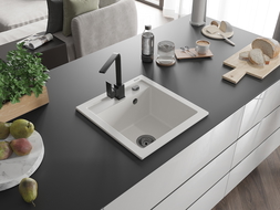 Mexen Vito kuchynský drez žulový s 1-komorou s kuchynskou batériou Rita, biely - 6503-20-670300-70